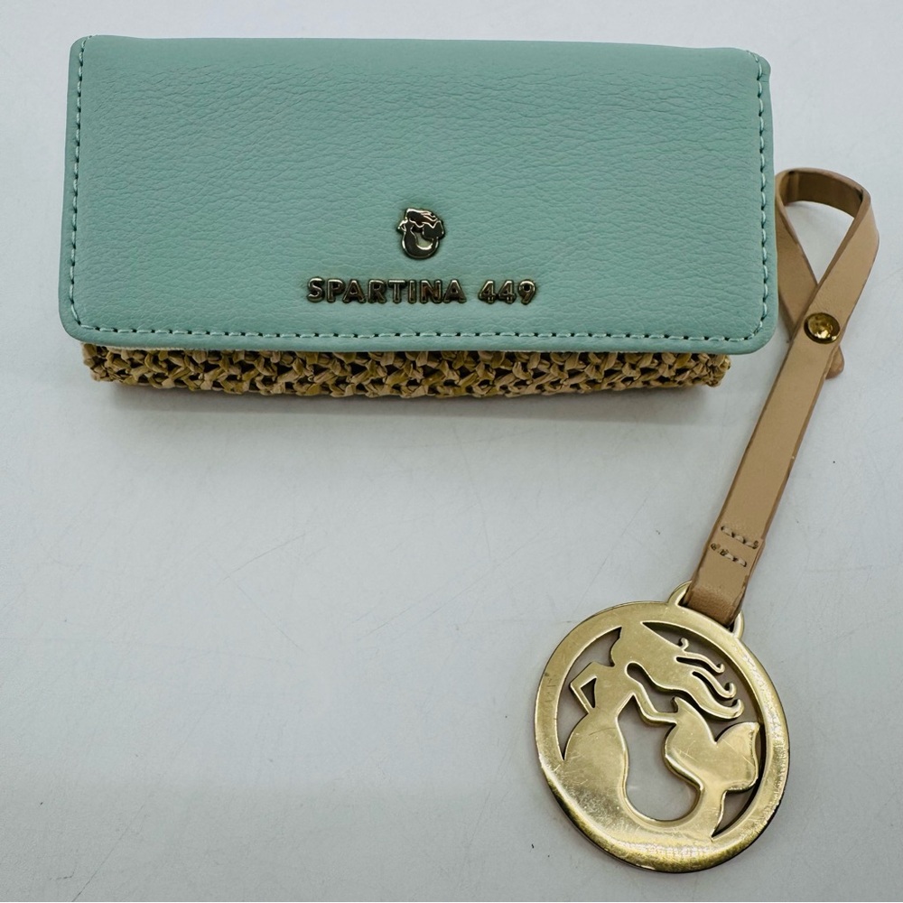 Spartina 449 Mint Leather Jute Mermaid Mirrored Cosmetic Case Keychain Tag Set